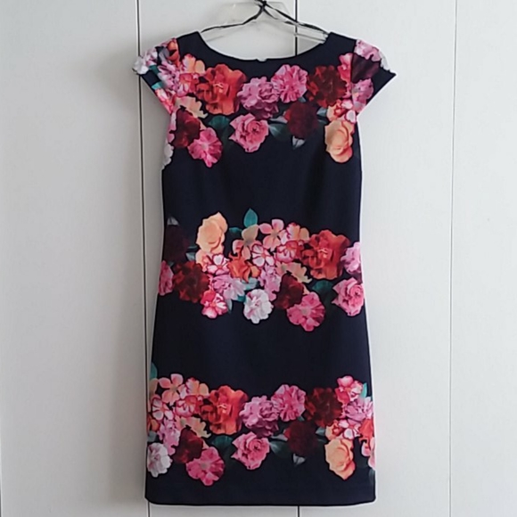 Vince Camuto Navy Floral Cap Sleeve Sheath Dress Size 4 - Picture 1 of 16
